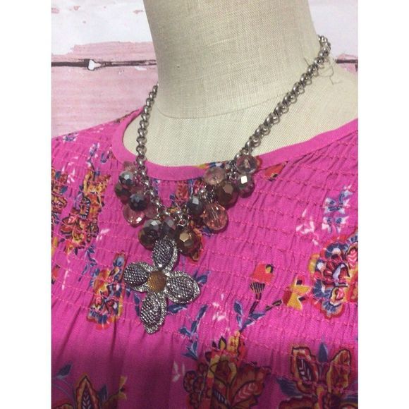 NWT New Bohemian Flower Beaded Necklace Silver & Gold Chunky Chain 20” - Picture 4 of 16